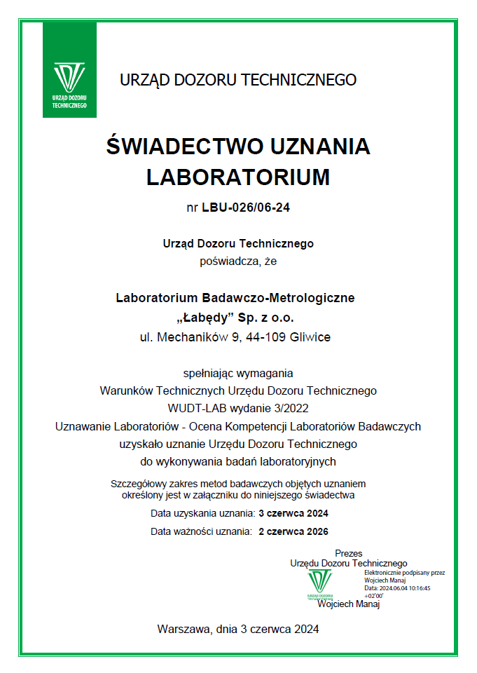 Świadectwo uznania laboratorium